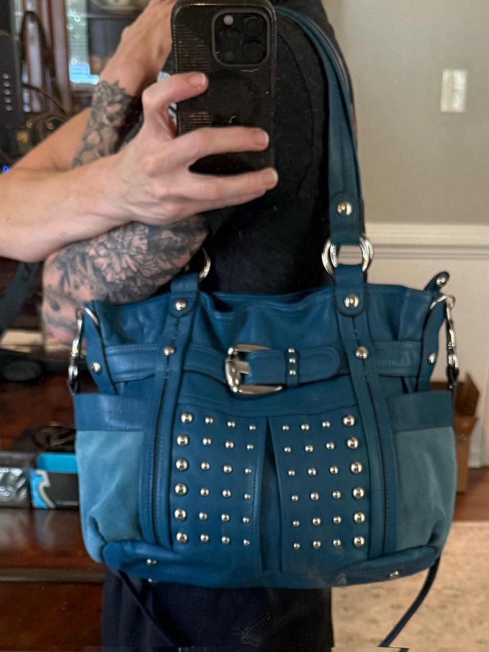 🖤 B. Makowsky Y2K Studded Leather & Suede Shoulder Bag + Matching Wallet 🤘🏻 - Picture 14 of 15